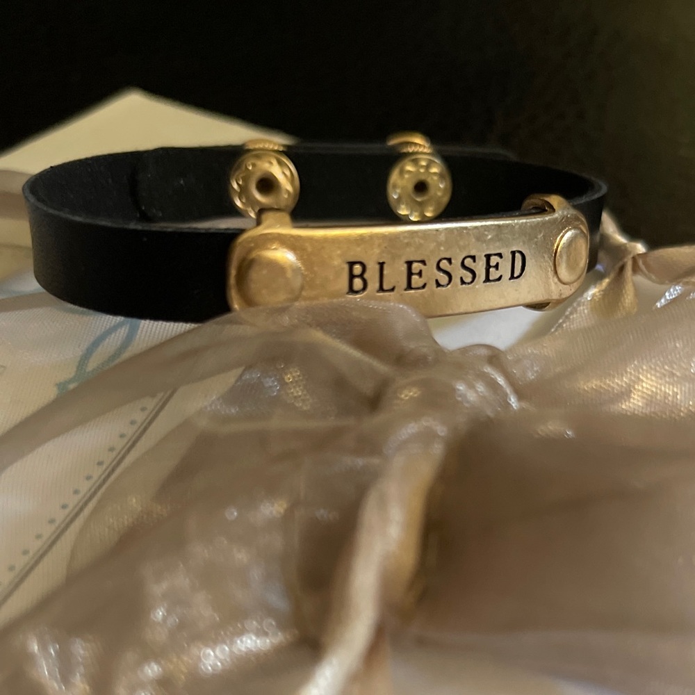 Leather Bracelet with “Blessed” gold tone bar